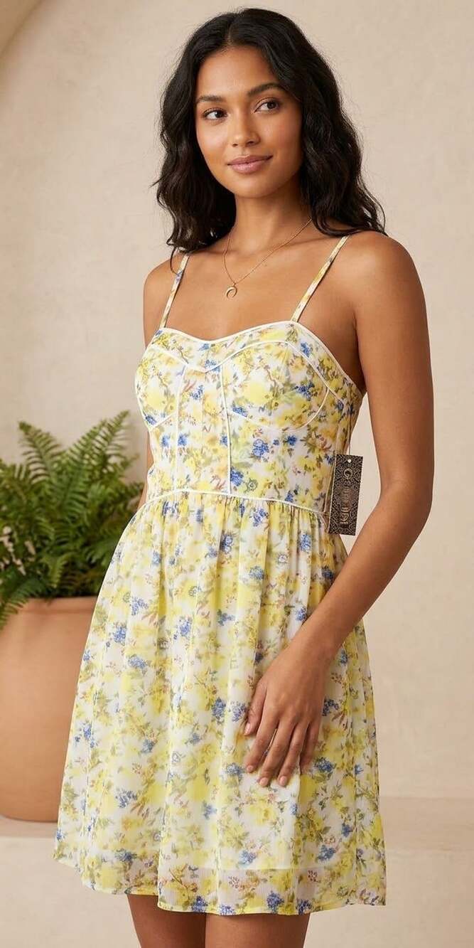 Gianni Bini Yellow Floral Corset Midi Dress Size 4